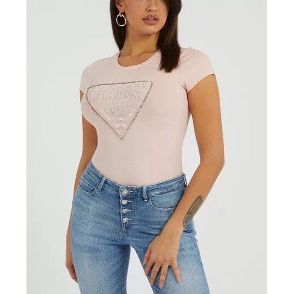 Guess Embellished Logo Rhinestone T-Shirt Fitted Pink- Size Small